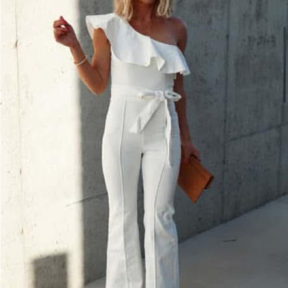 Vici White Ruffle One-Shoulder Jumpsuit